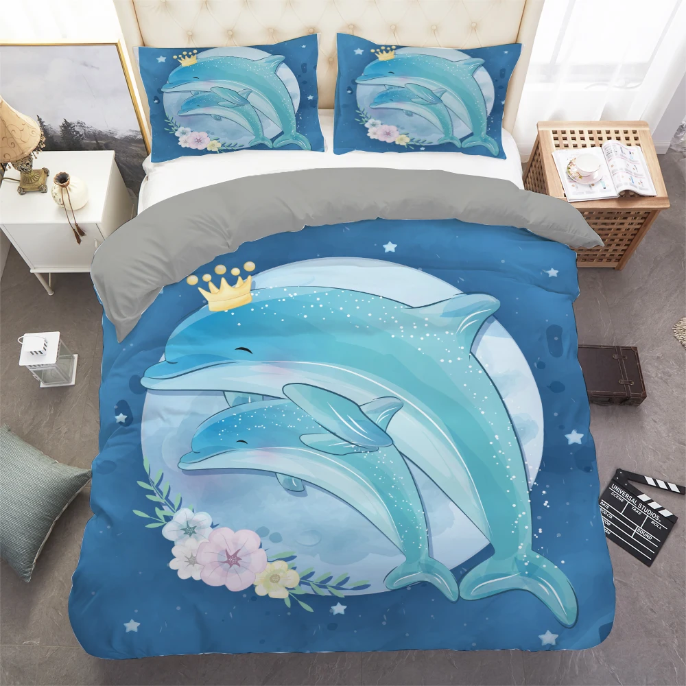 Cute Dolphin Print Bedding Sets Cartoon Duvet Cover with Pillowcase Kids Comforter Cover Single Double Home Textile Bedclothes