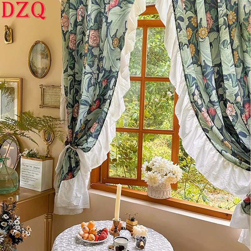 

Idyllic French Wave Side Flowers Curtains Cloth for Living Room Korean Elegant Warp Ruffled Green Curtains for Kitchen #A527
