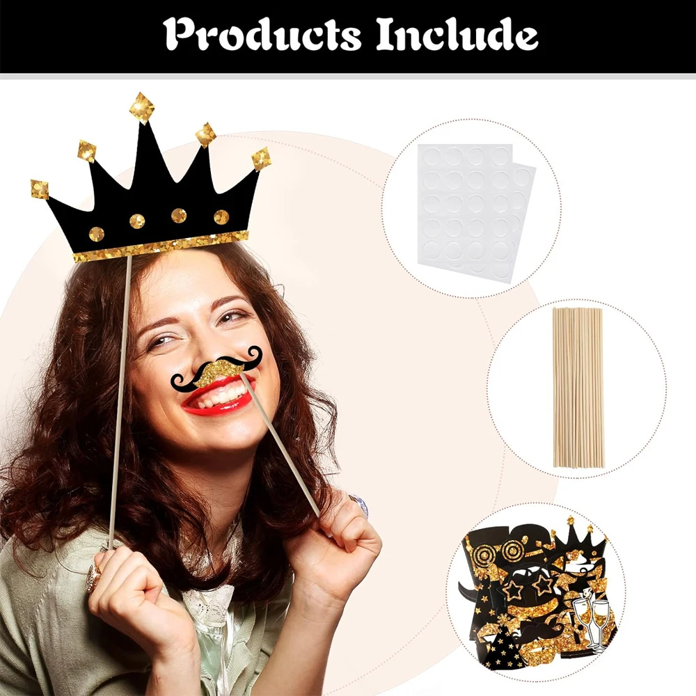 Party Photo Booth Props for Birthday Weddings Graduation Prom New Year Party Supplies Mix of Hats Lipstick Tie Crowns 24 Pieces party photo props