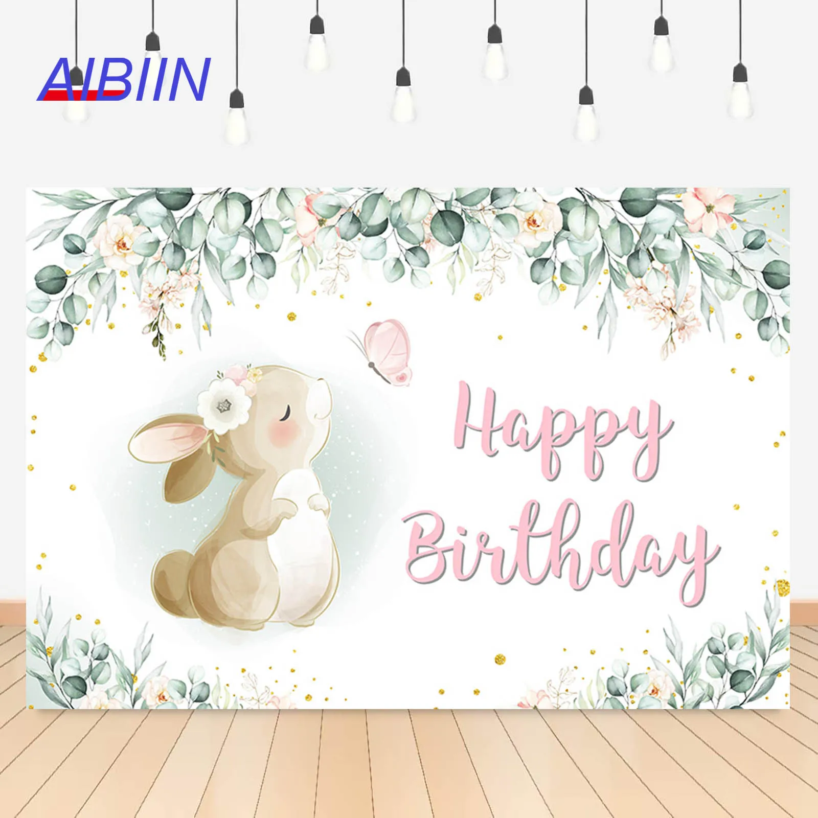 

Bunny Baby Birthday Backdrop Green Leaves and Gold Dots Pink Butterfly Flower Girl Birth Party Background Decor Cake Smash Poste