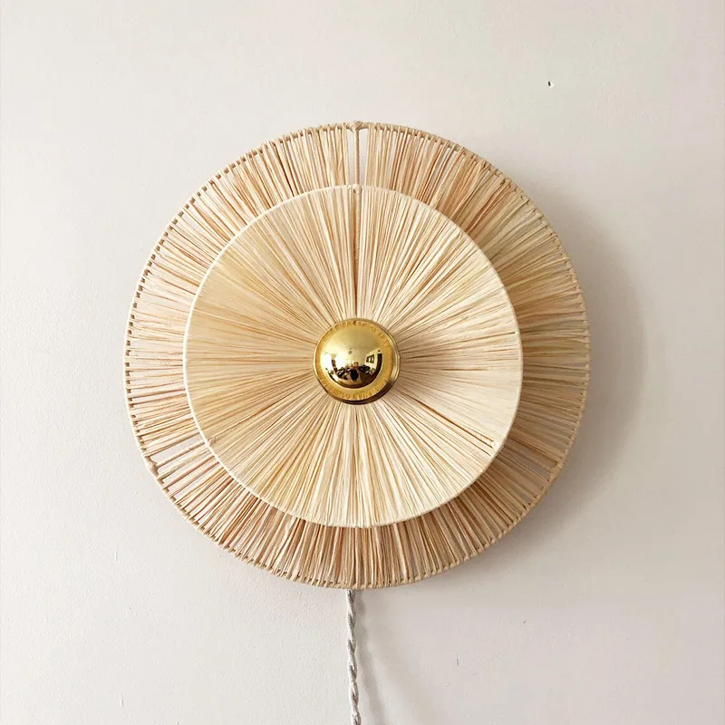 

Japanese Rattan Wall Lamp Antique Handmade Straw Wall Led Lights Living Room Wall Decorative Lamp Corridor Bedroom Bedside Lamp