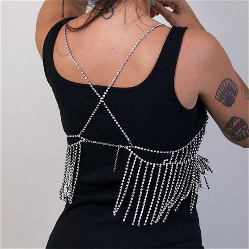 Bling Rhinestone Love Heart Chest Chain Harness Bra Necklace For