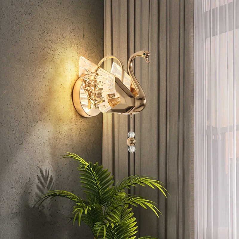 

Golden Swan Wall Lamp Postmodern Bedroom Bedside LED Lights Simple Living Room Background Decoration Wall Light Home Decor Lamp