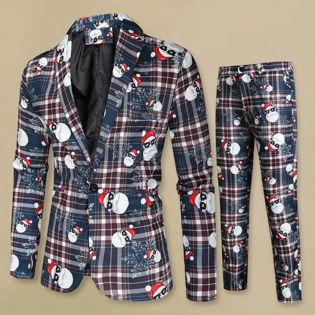 Men Jacket Pants Suit Cartoon Santa Snowflake Print Men Jacket Trousers Set 2 Pcs/Set New Year Party Coat Trousers Set