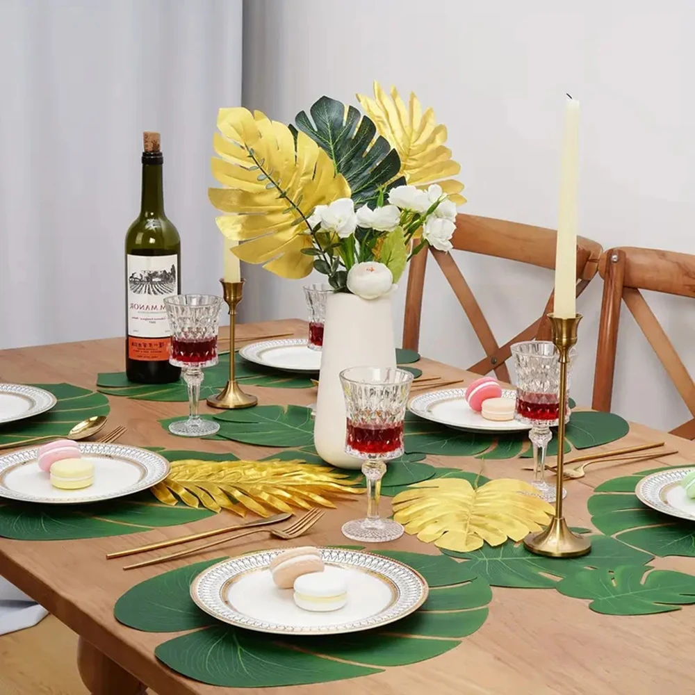 38Pcs Artificial Palm Leaf Set Fake Plant Bouquet Room Table Decor Realistic Green Plants for Wedding Decoration Hawaiian Party 5