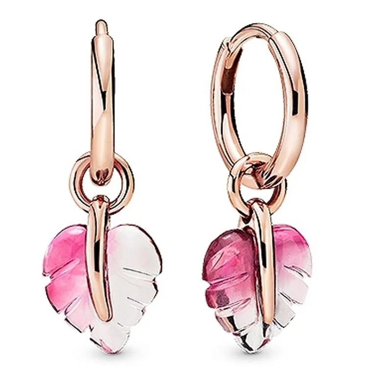 

Original Sparkling Pink Murano Glass Leaf Hoop Earrings For Women 925 Sterling Silver Wedding Gift Fashion Jewelry