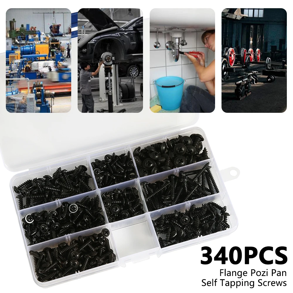 Black Carbon Steel Pan Head Self-Tapping Screw Assortment Kit (340/500 Pieces)