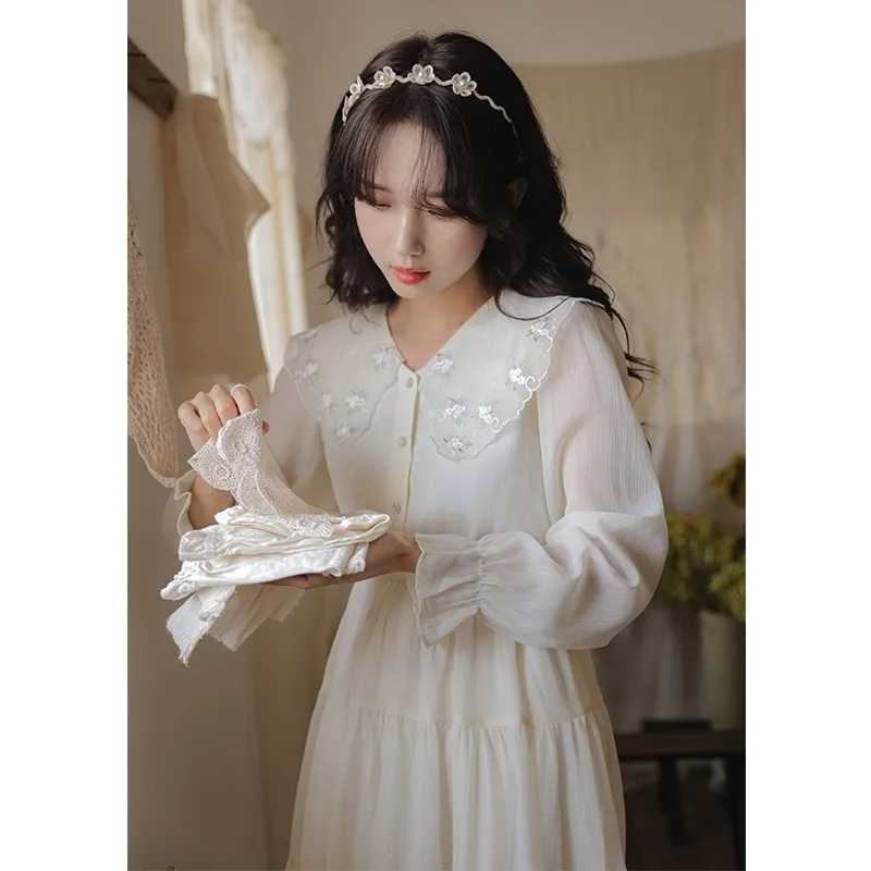 

Spring Autumn French Women Sweet Dress Peter Pan Collar Floral Embroidery Chic Dress Elegant Feminine Kawaii Apricot Dresses