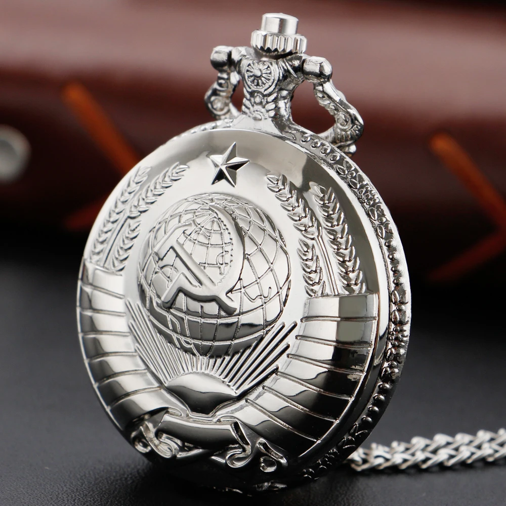 Silver Badge Sickle Retro Pocket Watch For Men Unisex Arabic Amber Dial Pendant Quartz Necklace Watches Souvenir Gift souvenir custom leisure men women quartz pocket watch with thick chain ocean world pattern unique unisex watches gift for friend