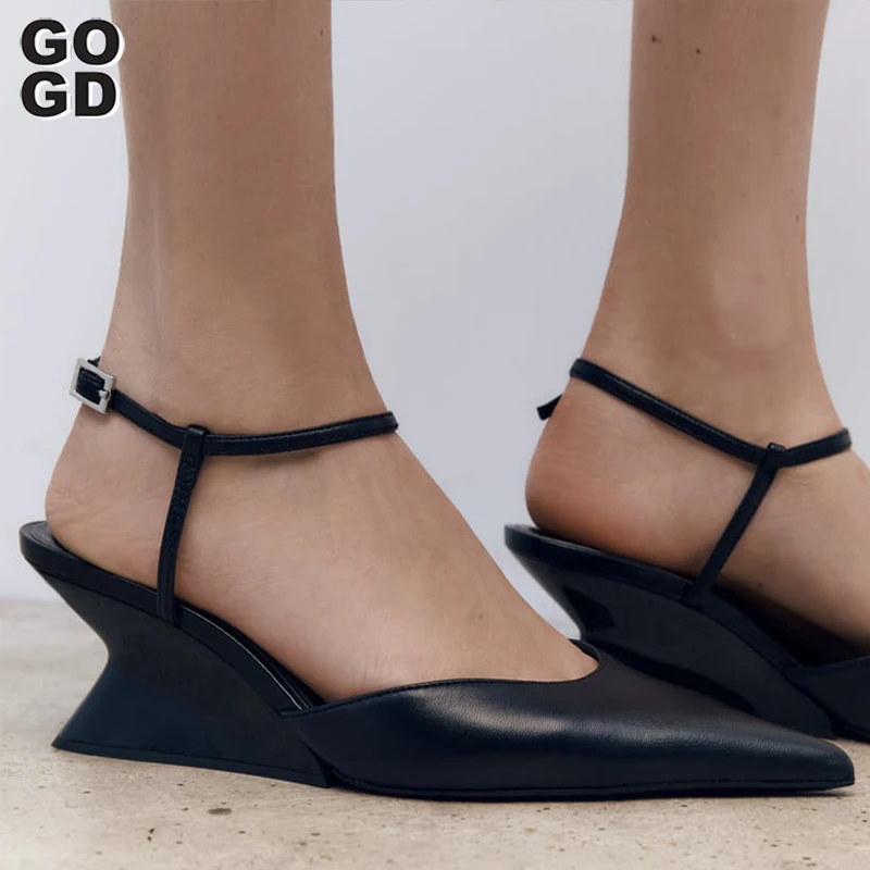 GOGD New 2024 Brand Fashion Women's Wedges High Heels Pointed Toe Strap Buckle Shallow Party Sandals Low Heels Elegant Style