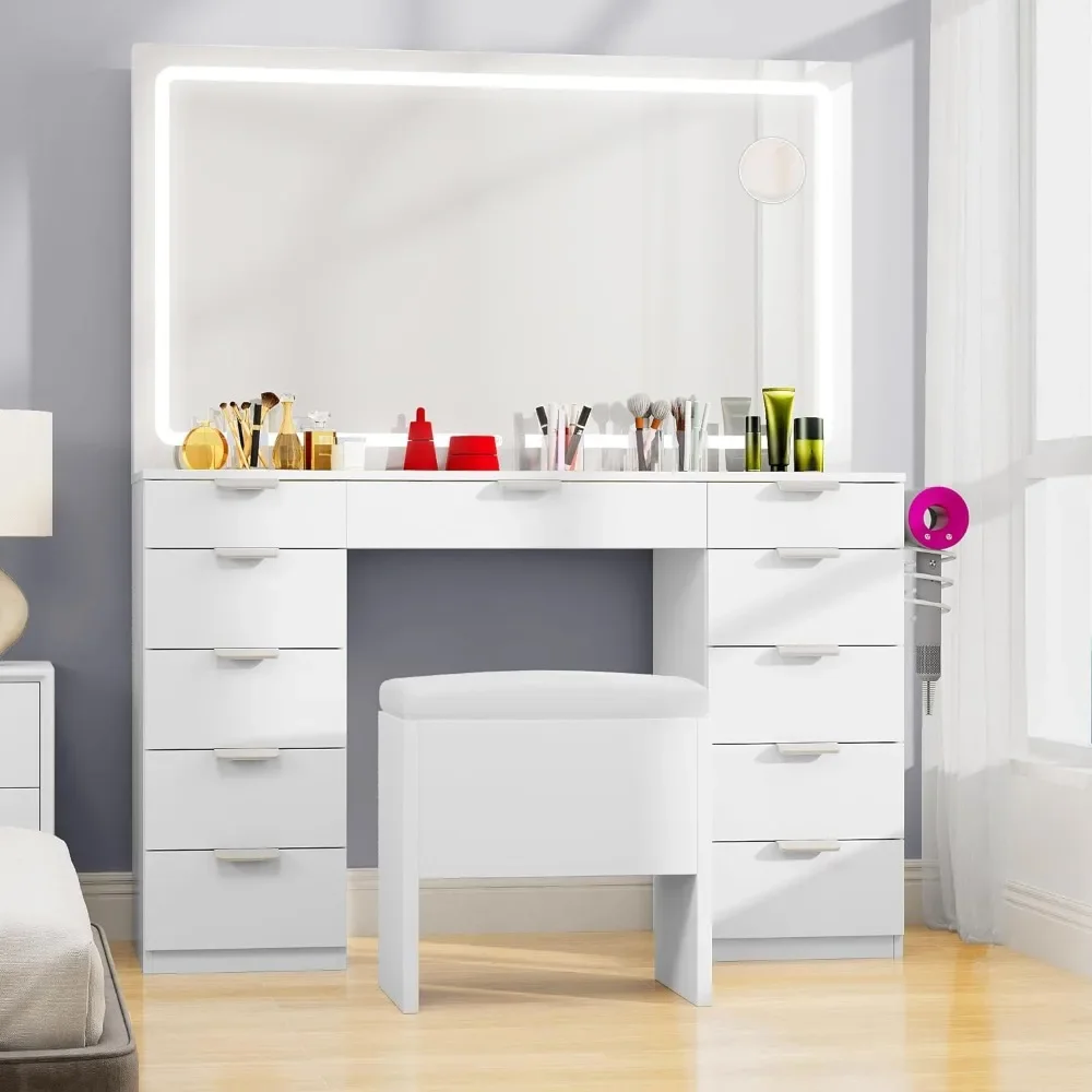 Vanity Desk Set Adjustable LED Lighted Mirror & Power Outlet Glass Top Makeup Vanity 11 Drawers Magnifying Glass Items makeup dressing table box container drawer nordic organizer Woman coiffeuse dressers