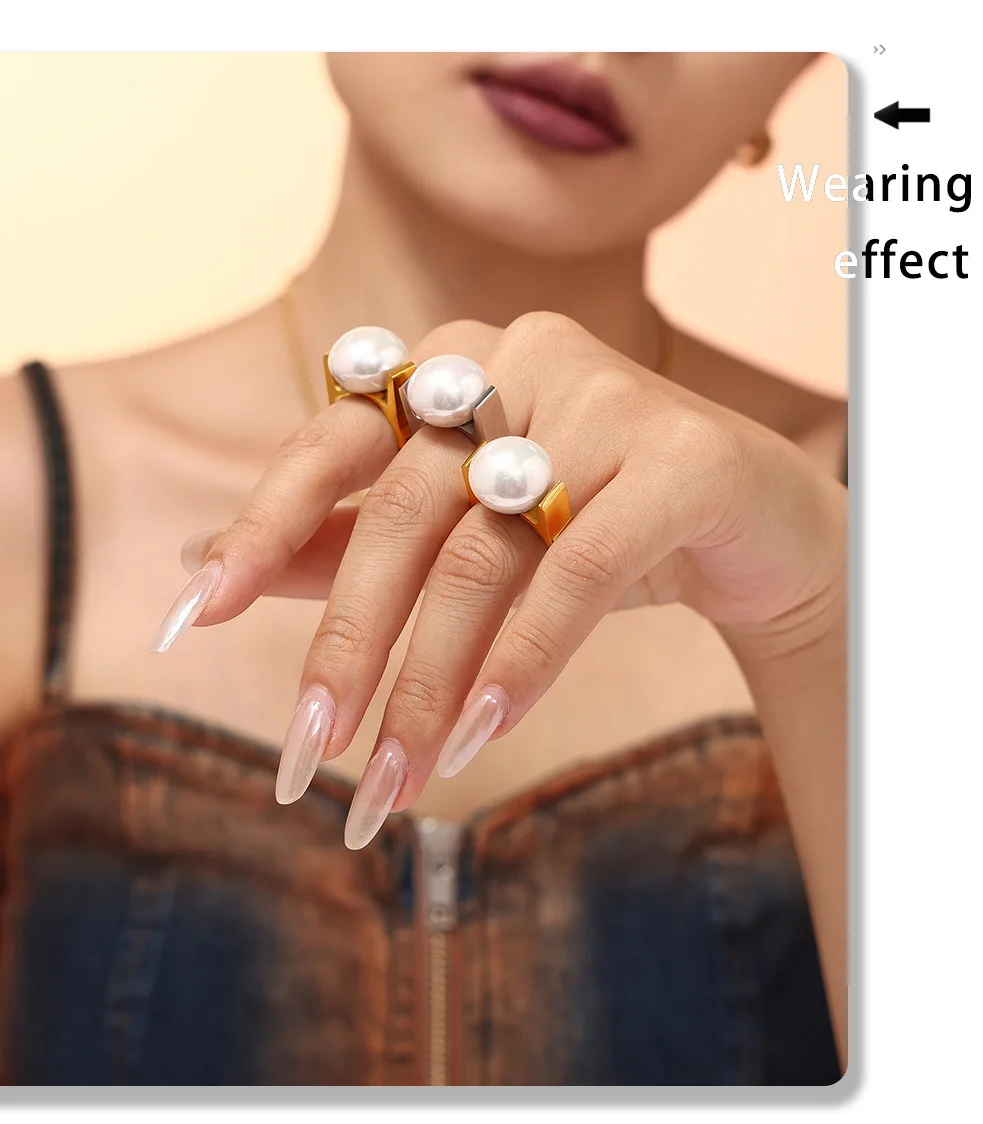 Übertriebene große Perle Designer Edelstahl Ringe für Frauen vergoldet Ring Mode Charme Schmuck Geschenk Großhandel – Detail 6
