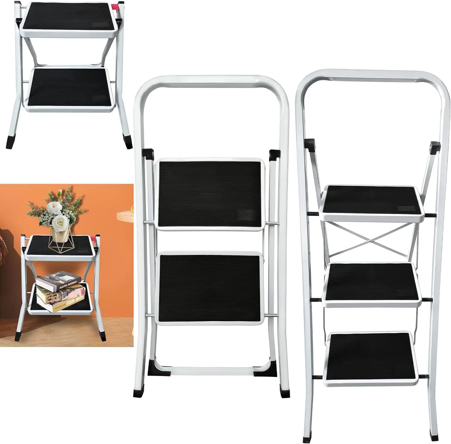 

Metal Steel 3Step Ladder Step Stools with Handle Grip for Adults, Compact Folding Step Stool with Wide Pedal&Anti-Slip Rubber