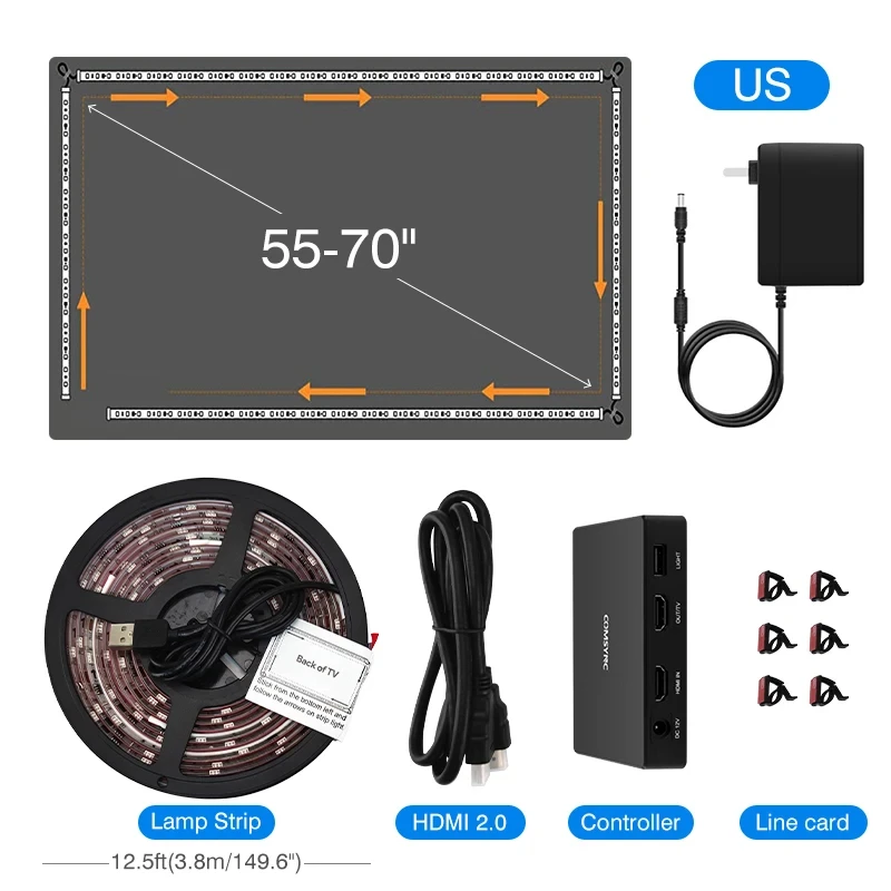 Luz de fundo de TV HDMI2.0 de imersão inteligente, faixa de luz LED RGB com captação de ritmo de cor de sonho, compatível com Google Assistant e Alexa
