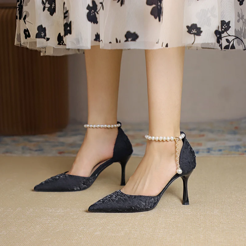 Summer 2024 New Women's Sandals Pointed Toe Pearl Pleated Face Stiletto Banquet Dress Shoes