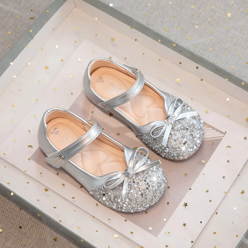 Girls Sequins Leather Shoes for Party Wedding Children Princess Shoes with Bow-knot Fashion Kids Shallow Ballet Shoes Size 25-36