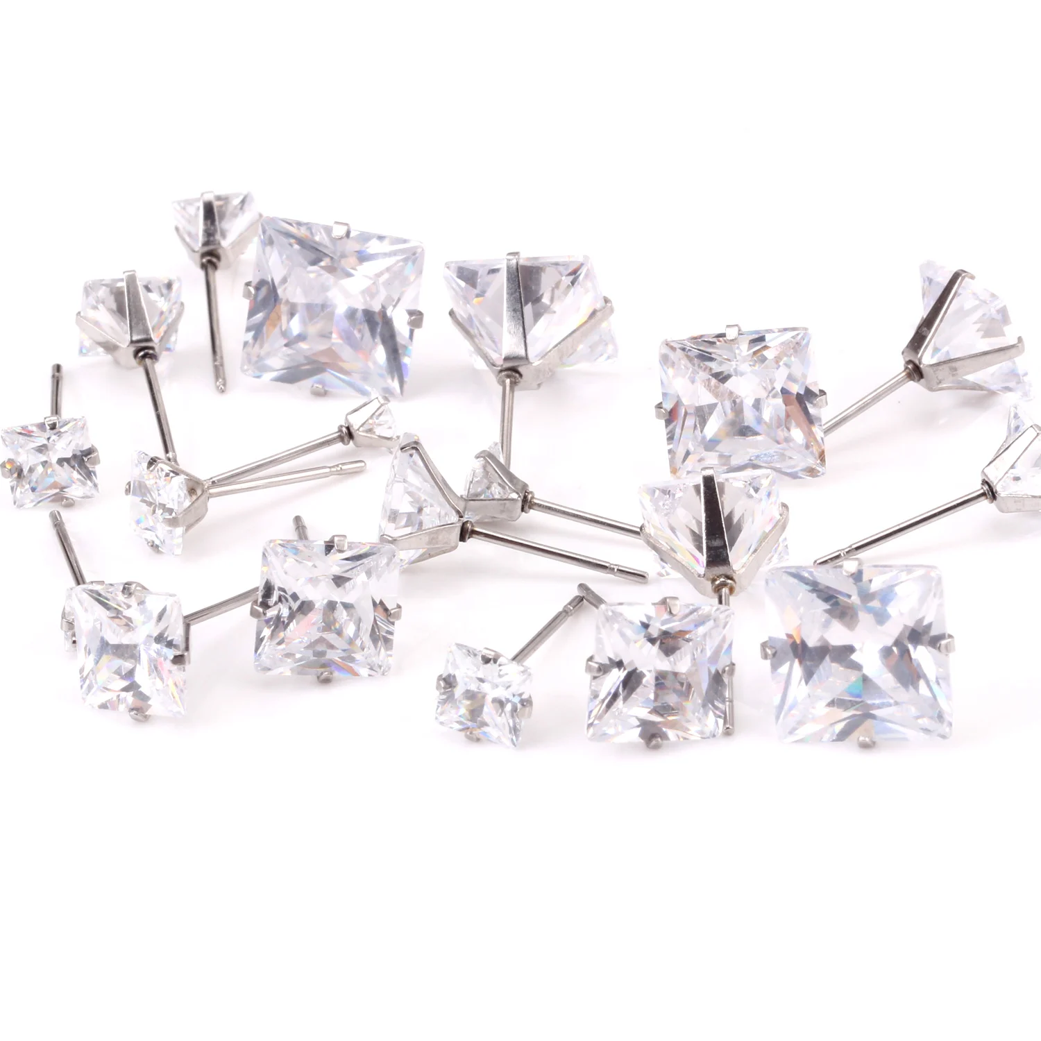 LUXUSTEEL Luxury Crystal Stud Earrings For Women Men Silver Color Stainless Steel Square Cubic Zirconia 3mm-10mm Fashion Jewelry 6