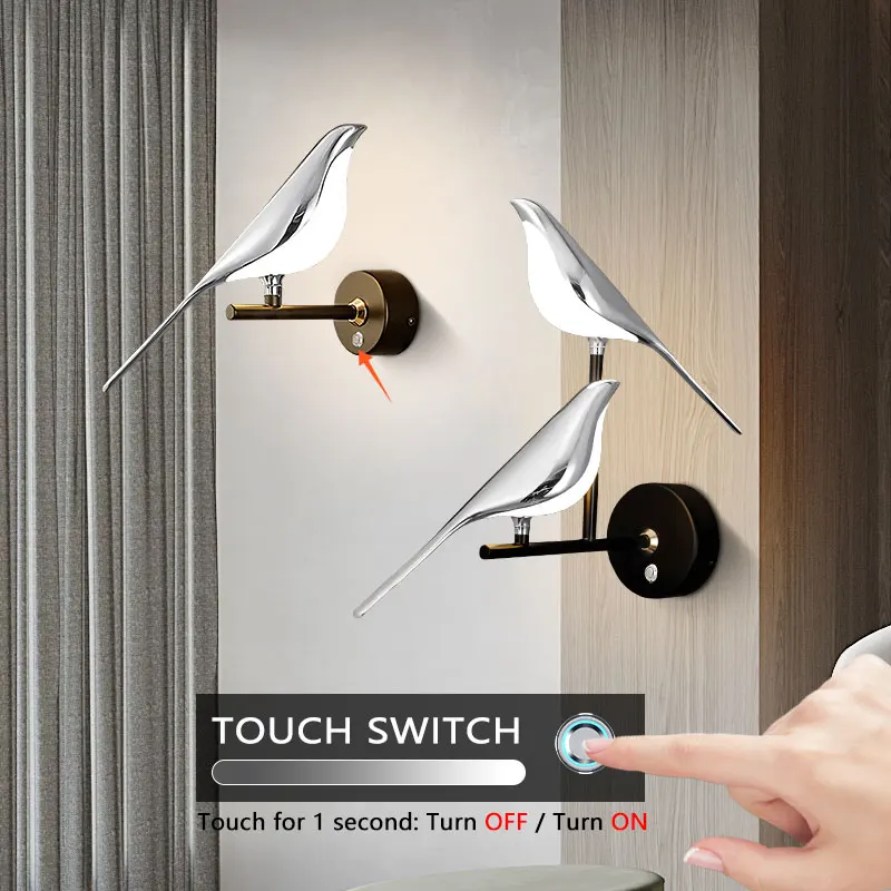 까치 버드 터치 스위치 LED 벽 조명, 레스토랑 계단 실내 360 ° 회전 가능 LED 벽 램프, 침대 옆 벽 스콘스 장식