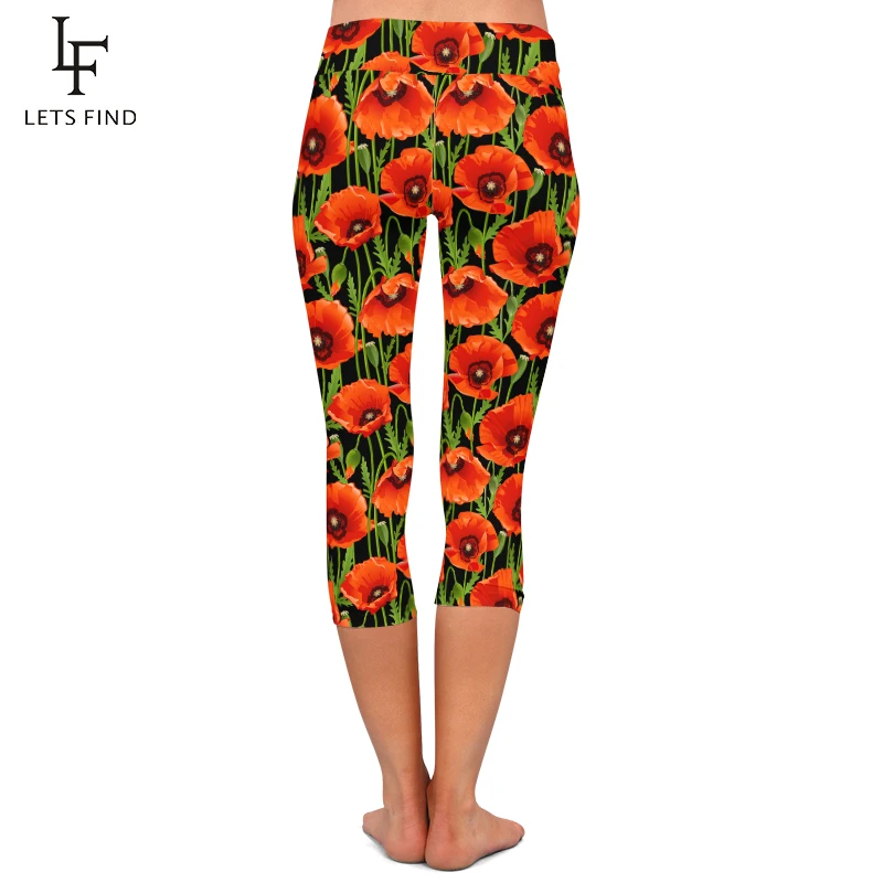 LETSFIND Summer New 3D Beautiful Poppies Print Capri Leggings High Waist Soft Fitness Mid-Calf Stretch Leggings