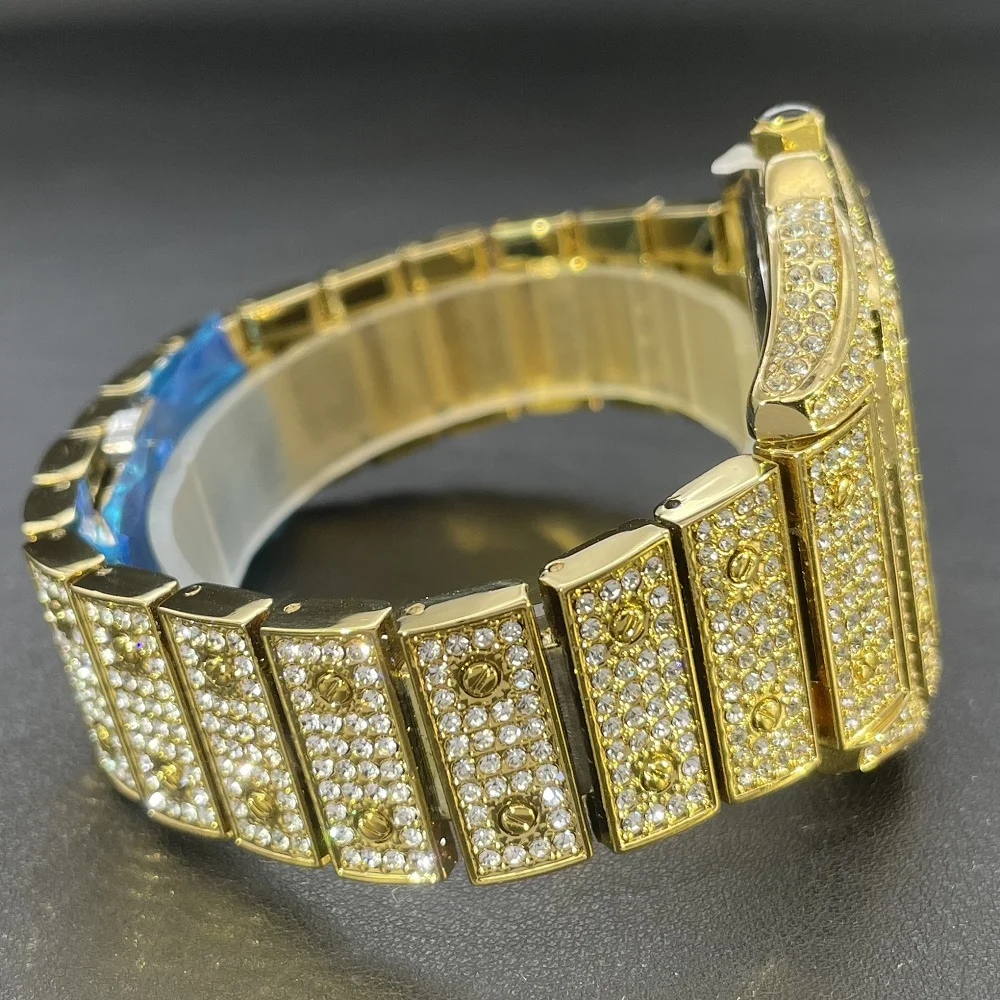 Hot MISSFOX Gold Quartz Watch For Men Hip Hop Full Diamond Bling AAA watches Fashion Iced Out Square WristWatch Man Reloj Hombre