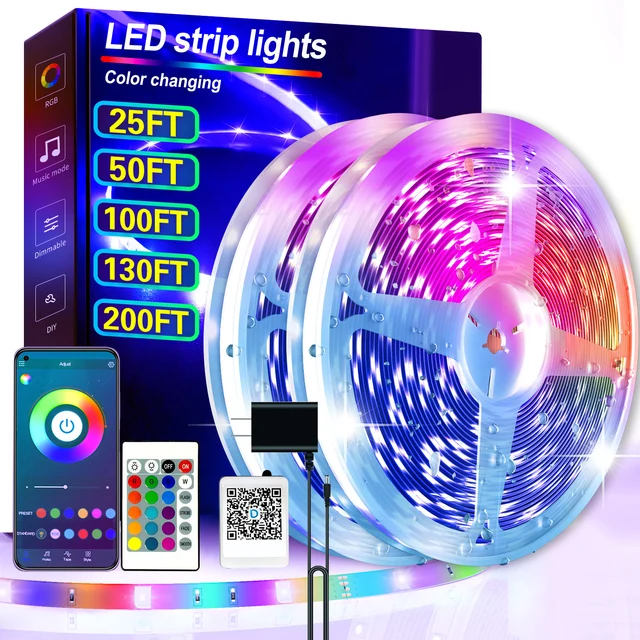 25/50/100/130/200FT RGB LED Smart Light Strip, App & 24-Key Remote Control, Music Sync, 24V, Multiple Modes for Living Room Bedroom Courtyard Party Halloween Christmas Decor 1
