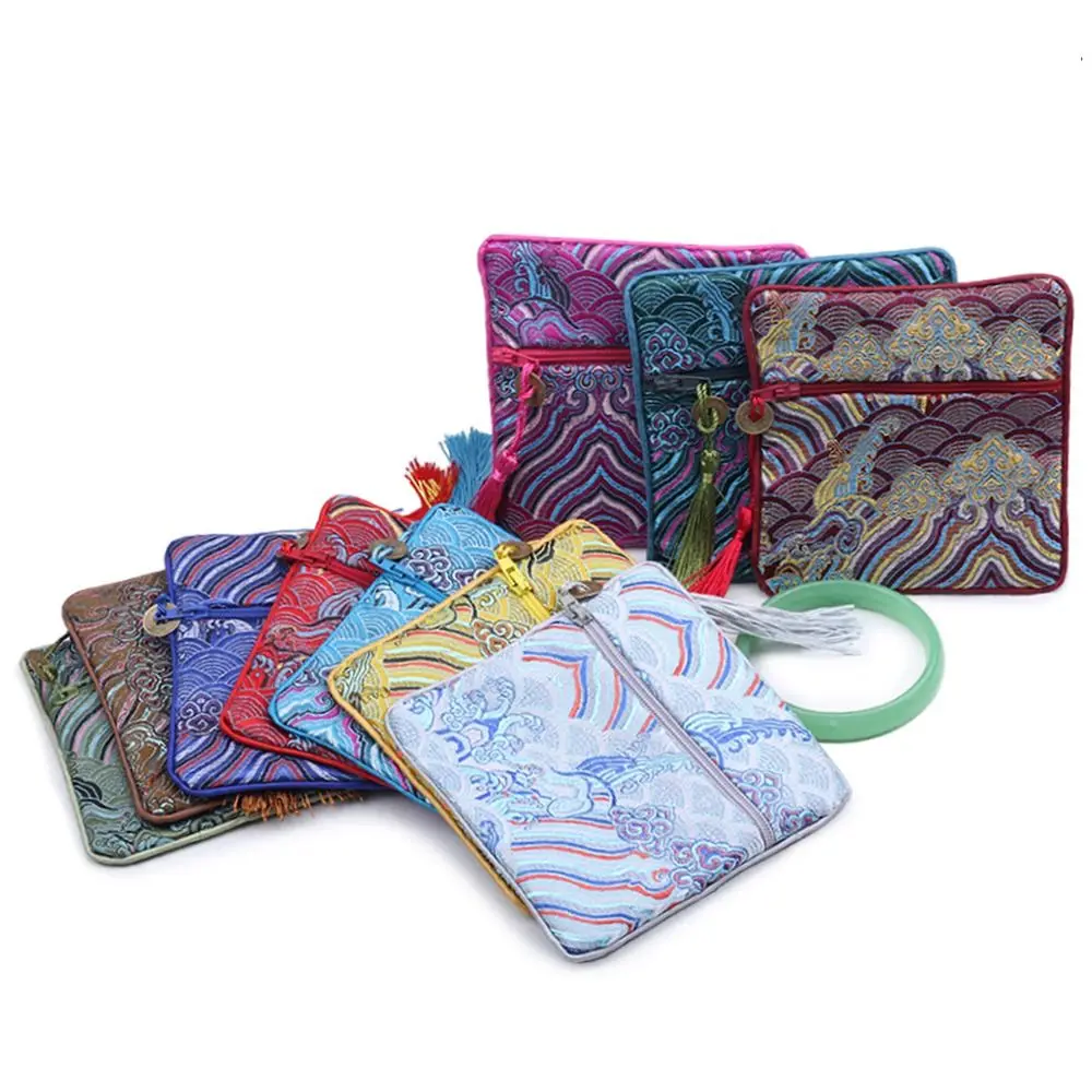 

Chinese Square Silk Jewelry Organizer Pouches Zipper Bag Sea Wave Embroidery Travel Bags Coin Purse Packaging Small Gift