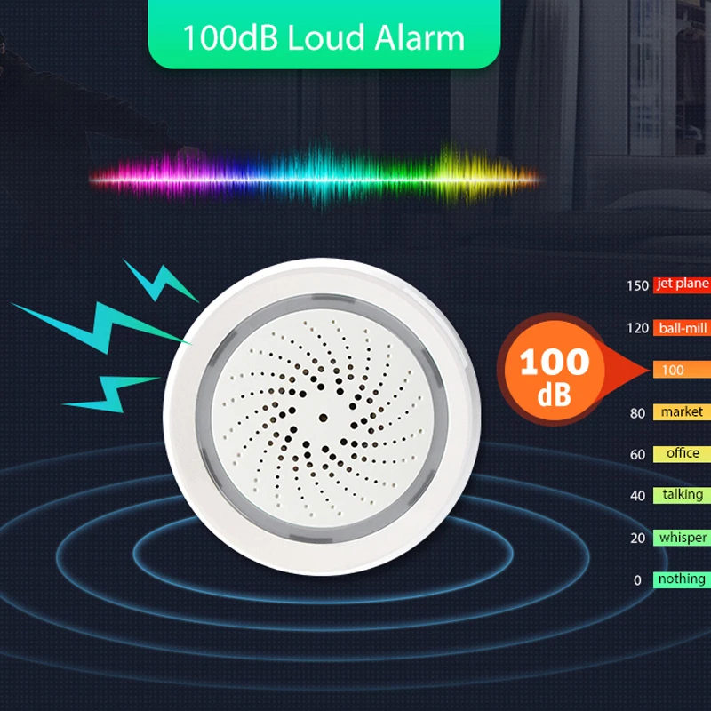 Alarma de sirena WiFi Tuya Smart Life, altavoz fuerte de 100dB, 18 tonos de llamada con alerta de luz estroboscópica para sistema de seguridad del hogar