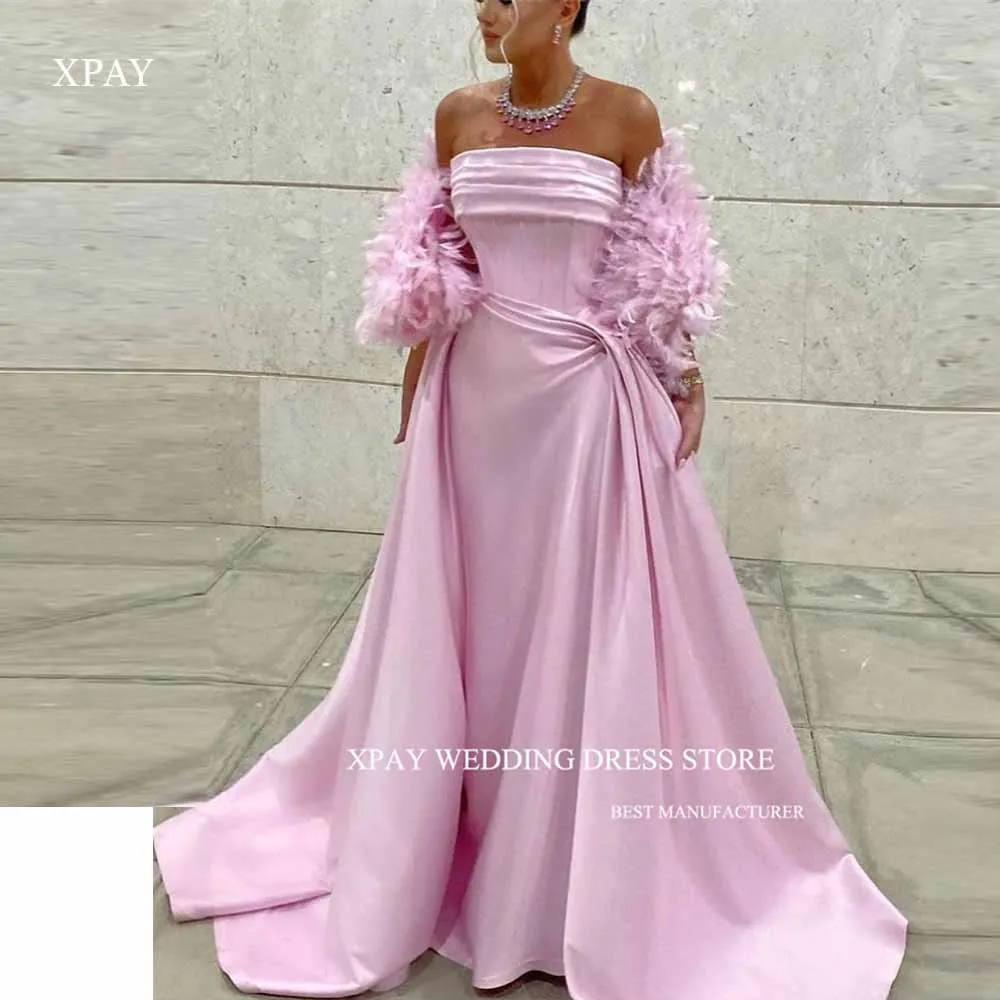 

XPAY Pink Luxury Feathers Saudi Arabic Women Evening Dresses With Coat Sleeves A Line Satin Formal Prom Gowns Vestido de noche