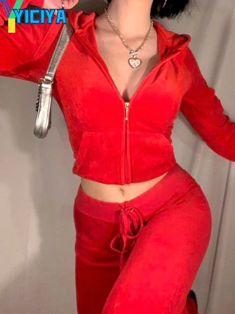 YICIYA TRACKSUIT hoodies Velvet Zipper Sweatshirt And Pants Winter women velour Pant Suit Hoodies Zipper Rhinestone velour suits red suit