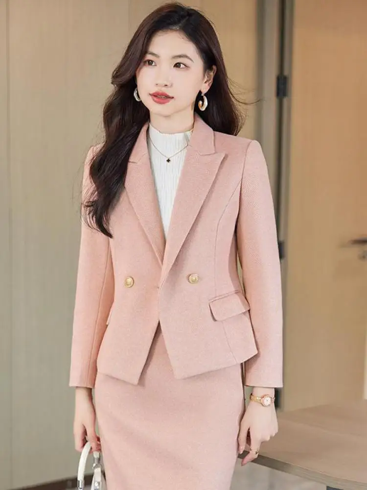 Winter Solid Woolen Businesss Slim Formal Office Lady Blazer Tops + Zipper Midi Split Skirt Women 2pcs Sets Elegant Quality Suit 2
