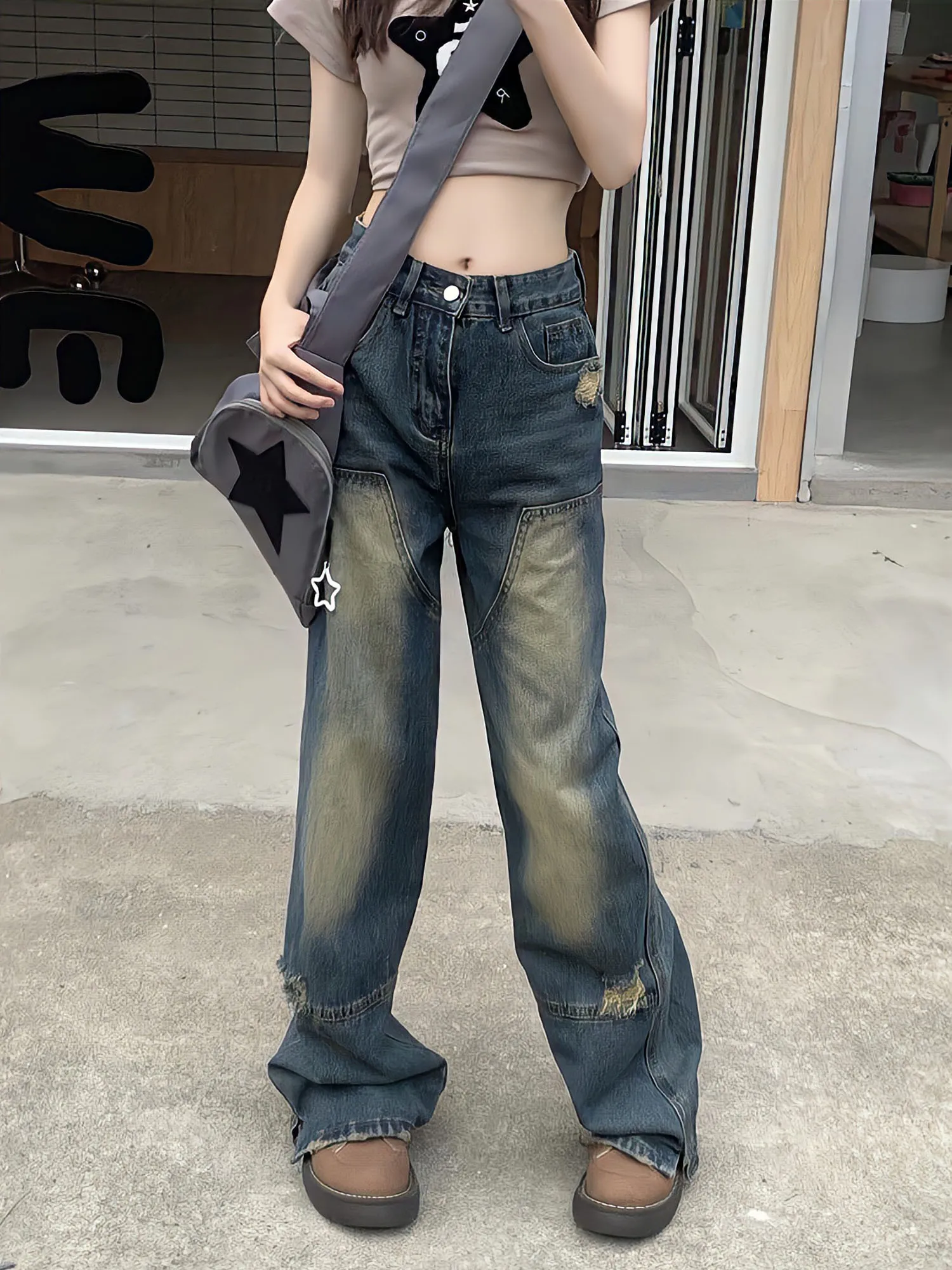 LEDP Y2k Clothing Pants Wash Blue High Waist Women Jeans Fashion Straight Wide Leg Trousers 90s Vintage Baggy Denim Oversize