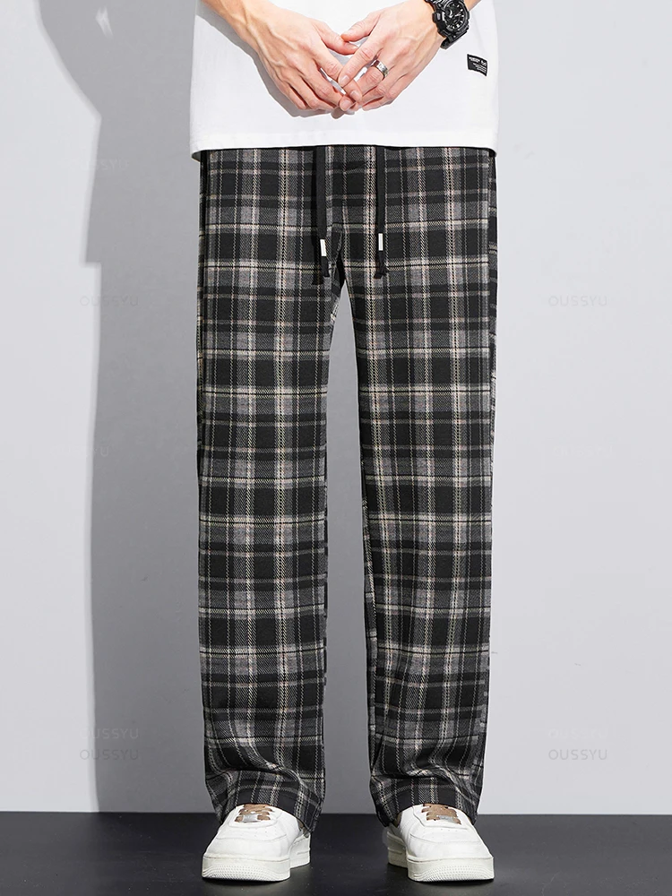 Spring Summer High Quality Classics Plaid Casual Pants Men Loose Straight Wide Leg Elastic Waist Jogger Trousers Male Streetwear 6