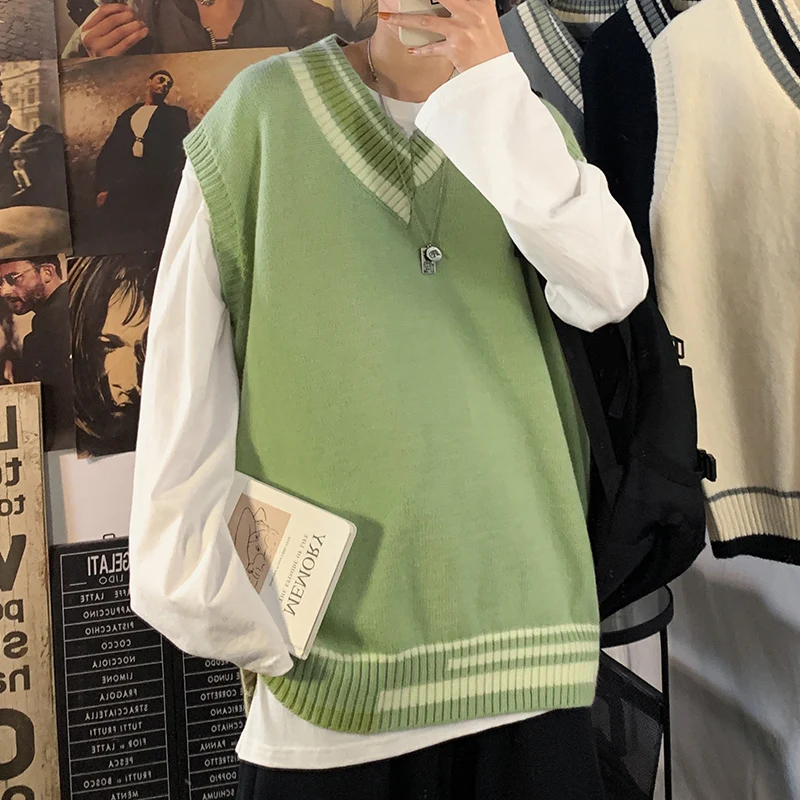 

2023 New Arrival Men Sweater Vests Vintage Sleeveless V-neck Knitwear College Students Loose Outwear Sweater Vests G155