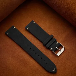 Vintage Brown Genuine Suede Leather Watch Strap with Quick Release - 22mm (Black)