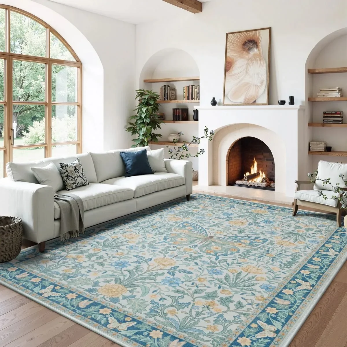 Bohemian Living Room Non-slip Rug Washable Large Area Rug Bedroom Decorative Vintage Floral Butterfly Sage Green Area