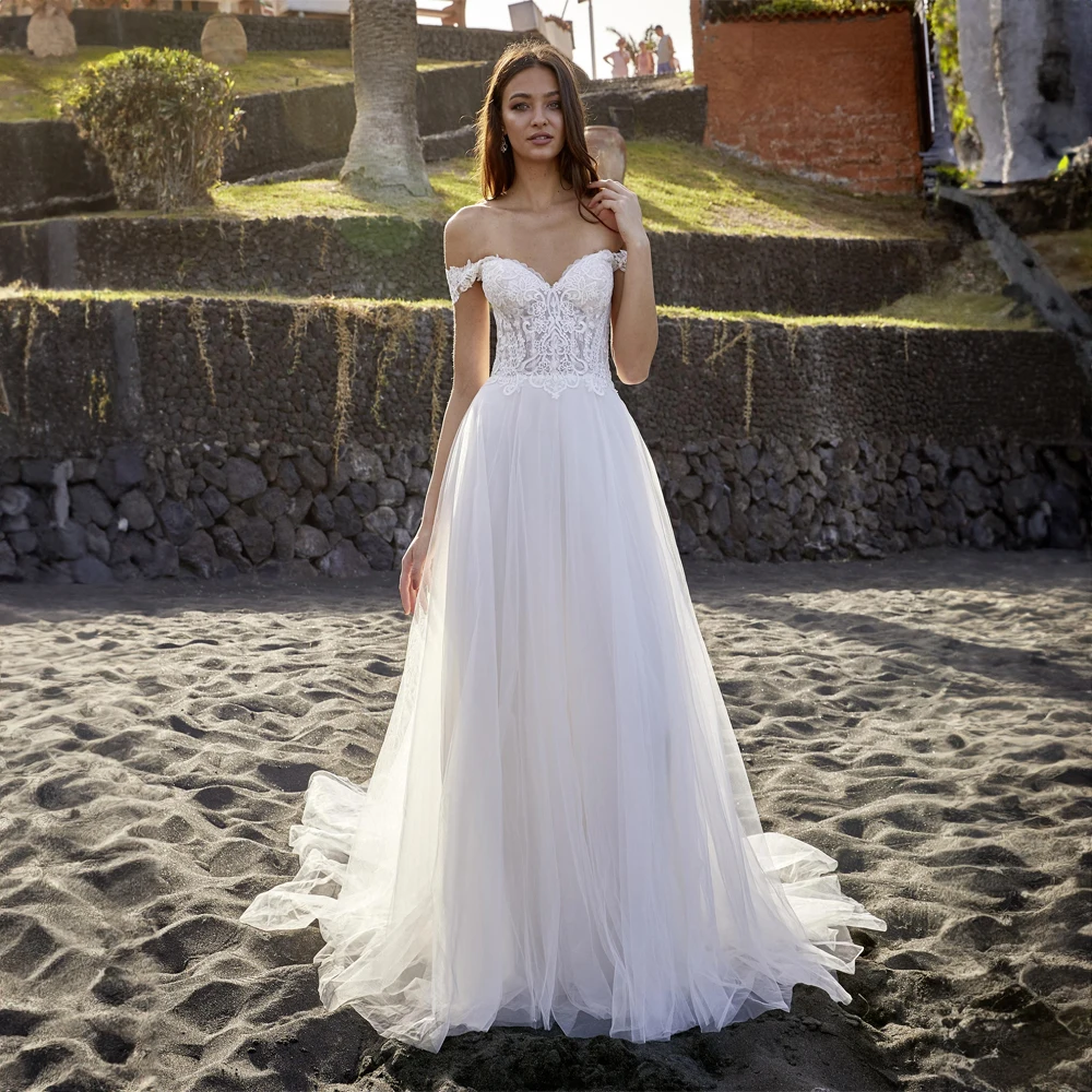 

Elegant Off the Shoulder Pleats Wedding Dress A-line Court Applique Illusion Wedding Gowns for Women Sleeveless robes de mariée