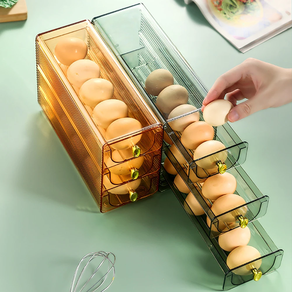 

Refrigerator Egg Storage Box Automatic Sliding Eggs Holder Rack Kitchen Food Containers Fridge Side Door Organizer Daily Use