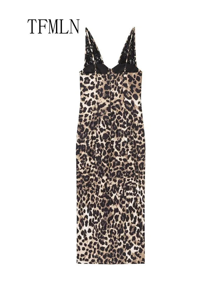 Elegant Women Leopard Printed Lace Patchwork Dress 2026 Spring Fashion V-neck Sleeveless Causal Dress Sexy Backless Party Dress