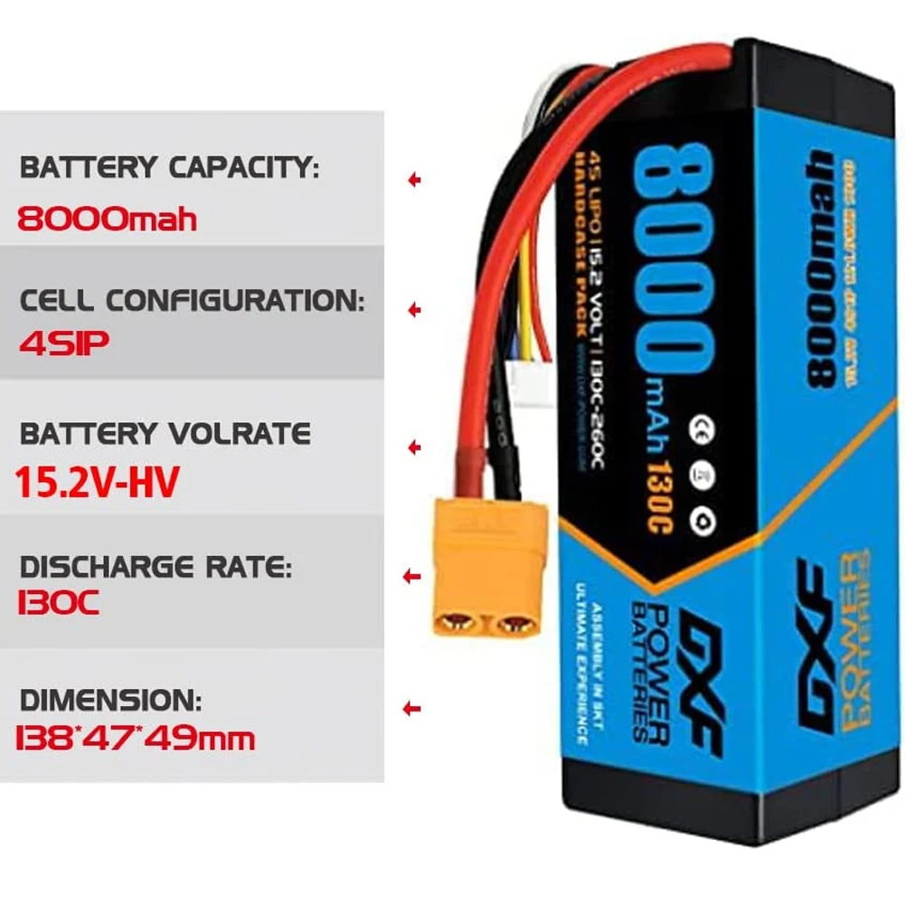 DXF 4S Lipo Battery 15.2V 130C 8000mAh Lipo Battery with XT90 Plug Hardcase Battery For RC Car Boat Truck Airplane UAV RACING