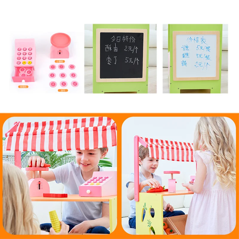 Children Pretend House Play Fruit Vegetable Selling Stand Stall Role Play Set Montessori Educational Wooden Toys For Kid Gift 4