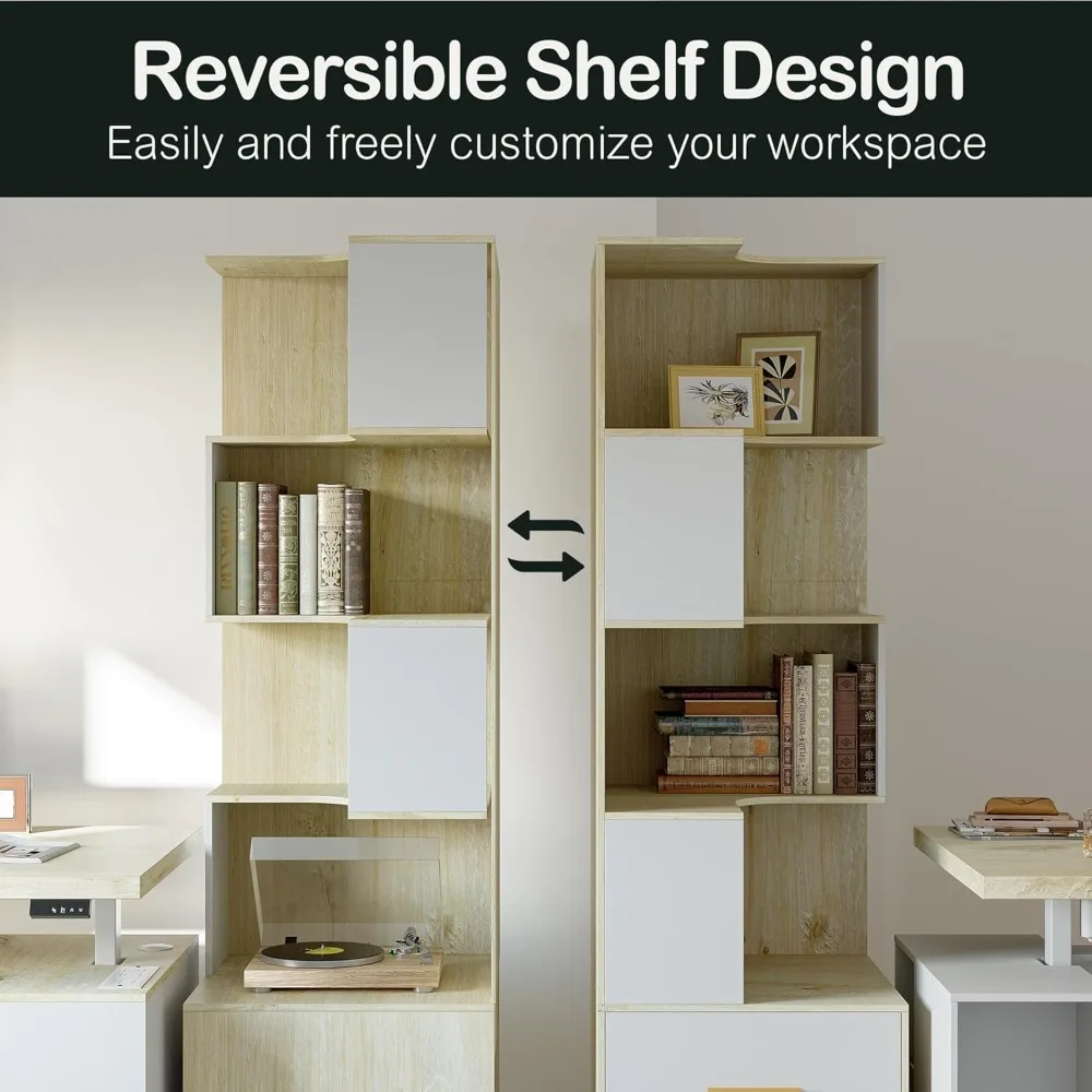 71" Tall Bookcase, Reversible Modern Bookshelf DIY Design with Baffle, L Shaped Freestanding Wood Corner Display Rack for Home O 3