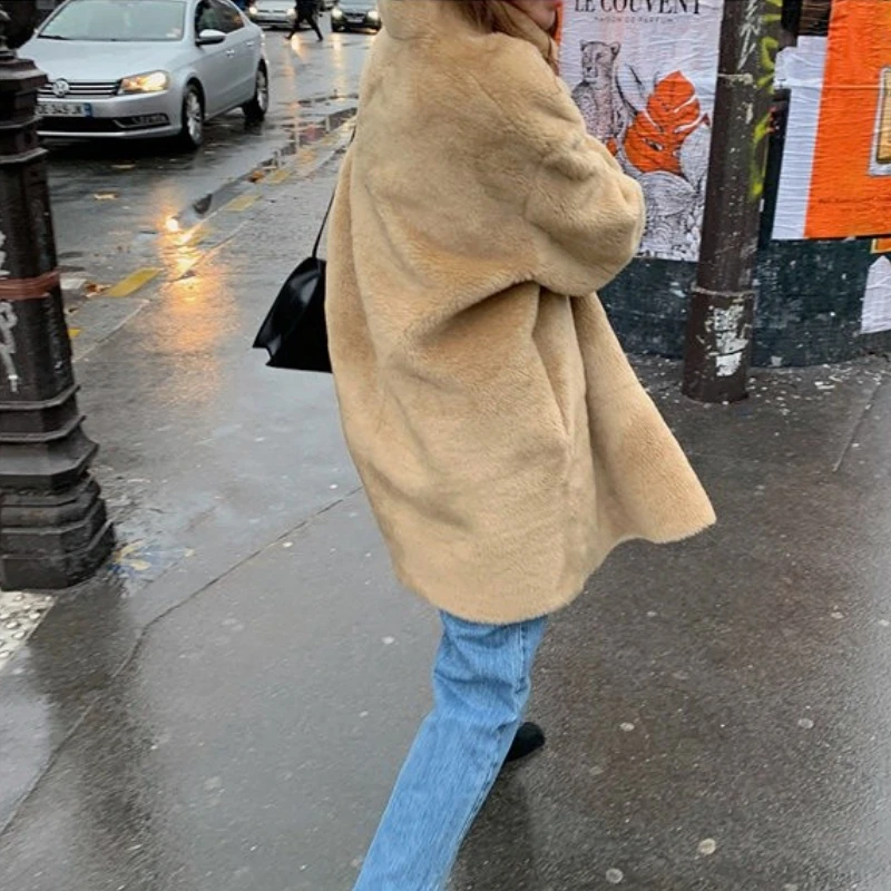 Women\'s Winter Thicken Leather Fur Coat Jacket Lapel Collar Loose Single Breasted Overcoat Warm Clothes Outerwear