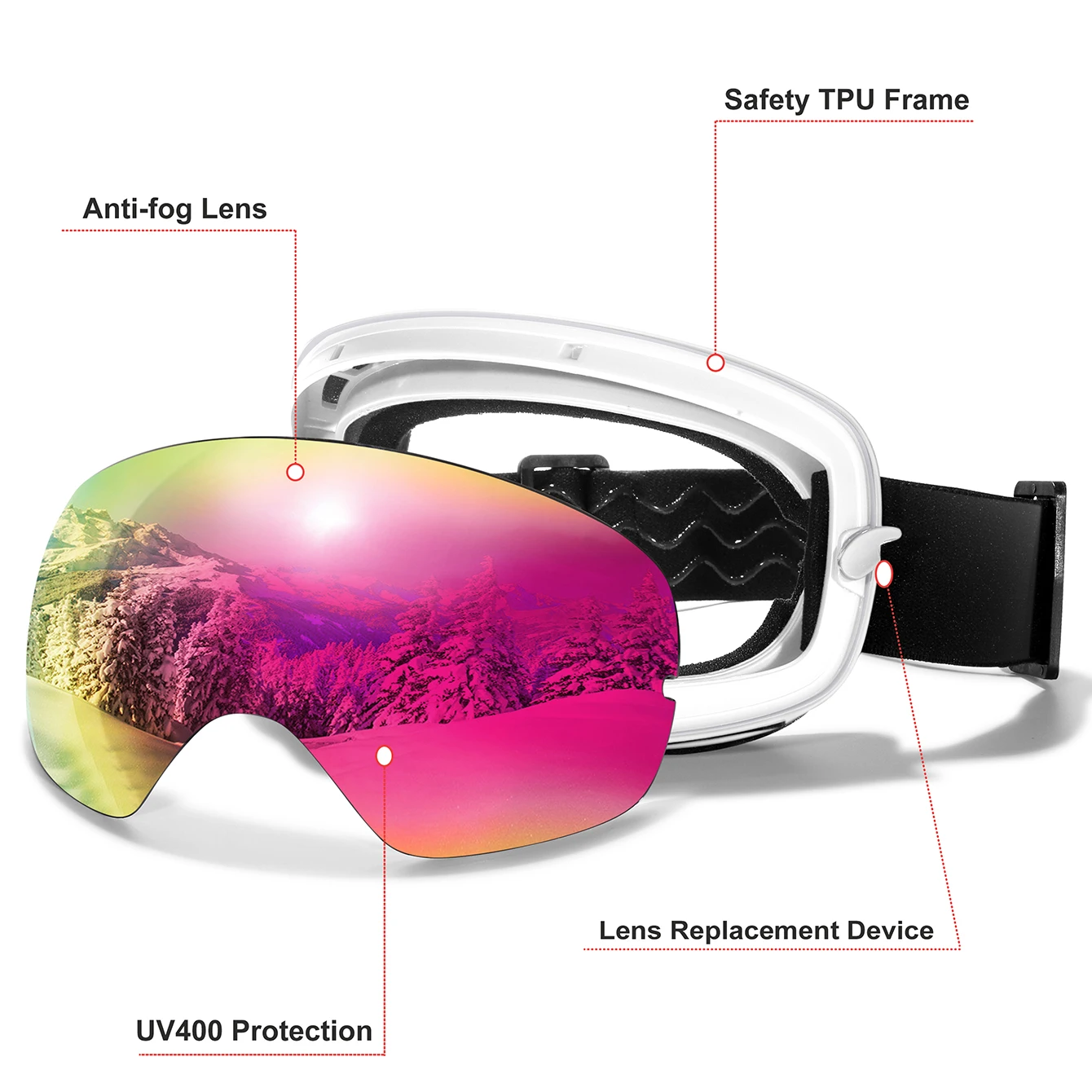 Ourdoor Sports Teen Men Women Ski Goggles Anti-fog UV400 Eyewear Christmas and New Year Gift Free Black Lens and Optical Frame