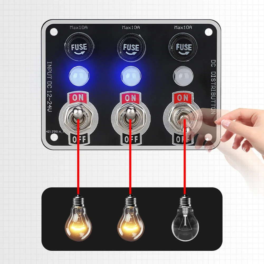 3/6 Gangs Car Rocker Switches Panel 12V/24V Replaceable Fuse Holder With Light For Camping Boat RV Van Yachts Trucks Accessories