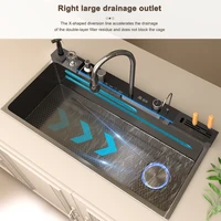 อ่างล้างจานสแตนเลสแบบน้ำตก อ่างล้างจานขนาดใหญ่พิเศษแบบช่องเดียว พร้อมชุดก๊อกน้ำแบบดิจิตอลสำหรับห้องครัว 4