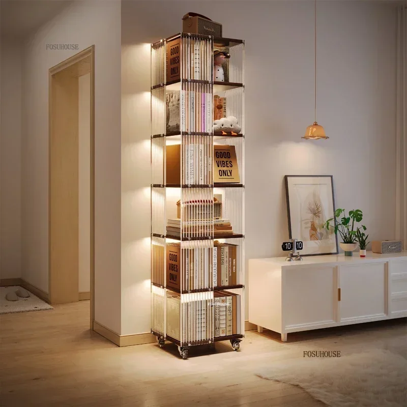 Nordic Acrylic Rotating Bookcases Movable Bookshelf Storage Rack Multi-functional Creative Living Room Book Shelf Display Stand