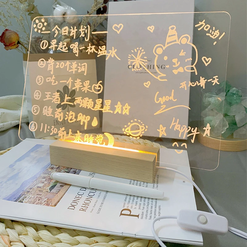 

USB Acrylic Memo Message Board With Wood Stand Holder Transparent Daily Moments Photo Album Creative Lamp Stationary Night Light