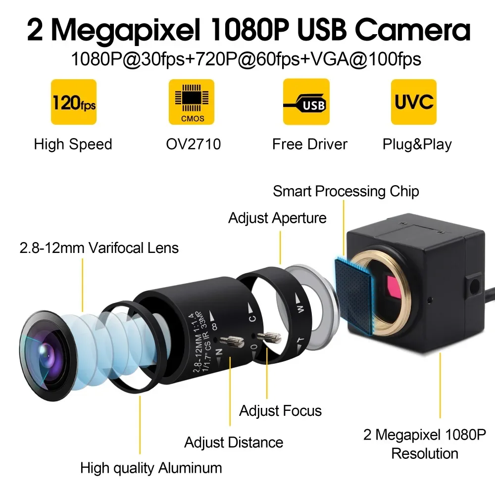 ELP Full HD 1080P CCTV 2.8-12mm Varifocal Lens USB Camera CMOS OV2710 30fps/60fps/120fps PC Webcam for Android ,Linux, Windows