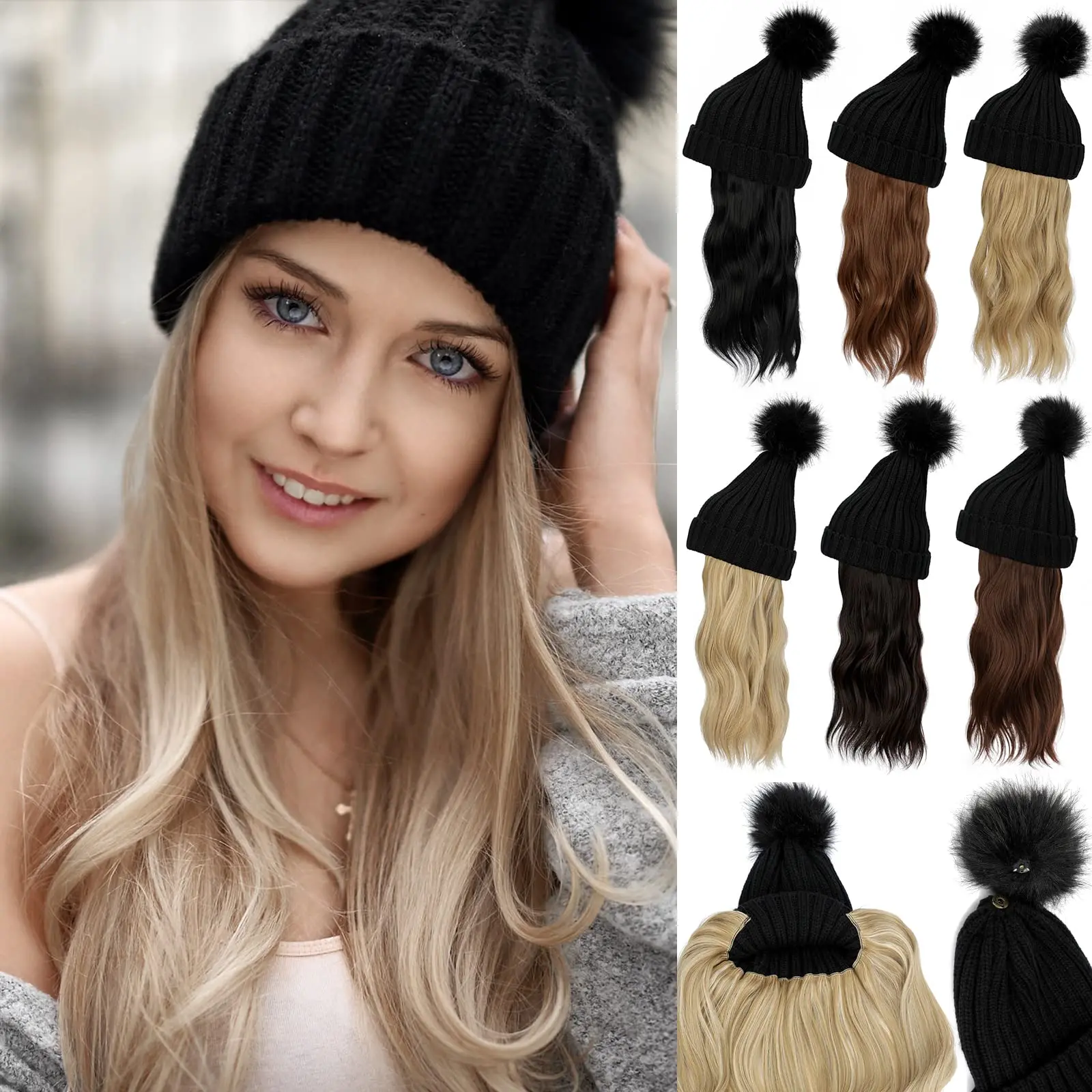 Shangzi women beanie hat with hair synthetic hairpiece attached warm