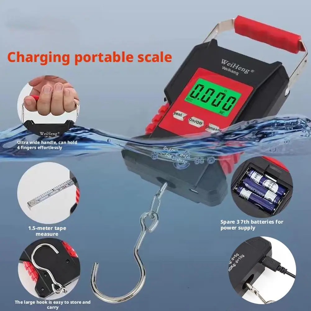 Portable Waterproof Fishing Scale Digital Recharged Hanging Hook Scales For Courier Luggage Home Weighing 50kg 1.5M Tape